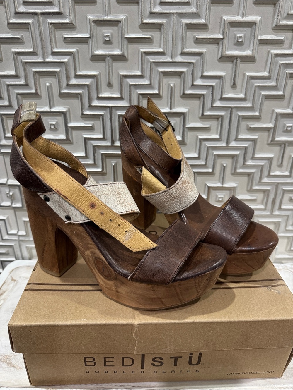 BED|STU Brown Leather Platform Sandals with Cream Accent